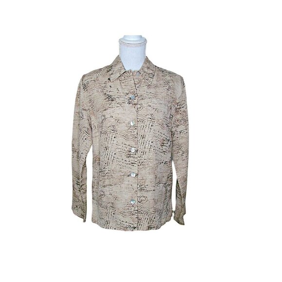 Chicos Beige Linen Silk Letter Stamp Print Button Up Shacket Jacket Sz 0 XS 4/6 - Picture 1 of 12